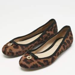 Fendi Black/Brown Suede and Leopard Print Calf Hair Bow Ballet Flats Size 37