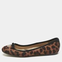 Fendi Black/Brown Suede and Leopard Print Calf Hair Bow Ballet Flats Size 37