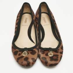 Fendi Black/Brown Suede and Leopard Print Calf Hair Bow Ballet Flats Size 37
