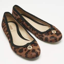 Fendi Black/Brown Suede and Leopard Print Calf Hair Bow Ballet Flats Size 37