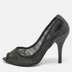 Fendi Black Zucca Mesh and Coated Fabric Peep Toe Pumps Size 37