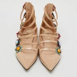 Fendi Beige Patent Leather Flowerland Ankle Strap Flats Size 38