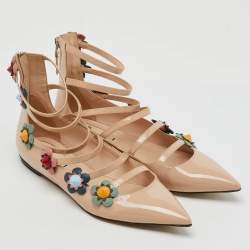 Fendi Beige Patent Leather Flowerland Ankle Strap Flats Size 38