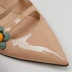 Fendi Beige Patent Leather Flowerland Ankle Strap Flats Size 38