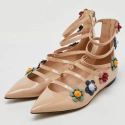 Fendi Beige Patent Leather Flowerland Ankle Strap Flats Size 38