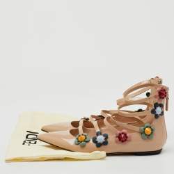 Fendi Beige Patent Leather Flowerland Ankle Strap Flats Size 38