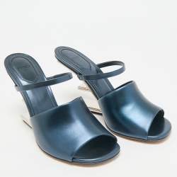 Fendi Metallic Blue Leather Fendi First Slide Sandals Size 38