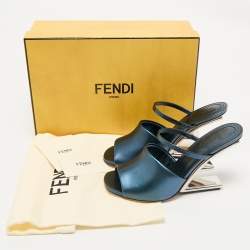 Fendi Metallic Blue Leather Fendi First Slide Sandals Size 38