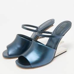 Fendi Metallic Blue Leather Fendi First Slide Sandals Size 38
