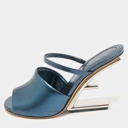 Fendi Metallic Blue Leather Fendi First Slide Sandals Size 38