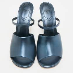 Fendi Metallic Blue Leather Fendi First Slide Sandals Size 38