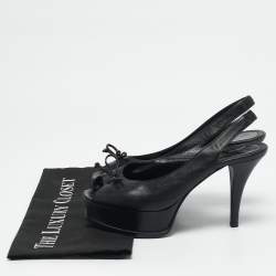 Pre Owned Fendi Black Leather Fendista Bow Peep Toe Slingback Platform Pumps Size 37