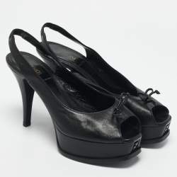 Pre Owned Fendi Black Leather Fendista Bow Peep Toe Slingback Platform Pumps Size 37