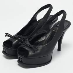 Pre Owned Fendi Black Leather Fendista Bow Peep Toe Slingback Platform Pumps Size 37