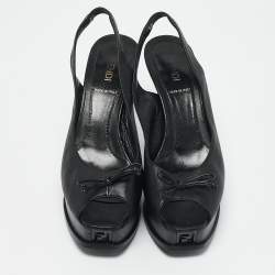 Pre Owned Fendi Black Leather Fendista Bow Peep Toe Slingback Platform Pumps Size 37