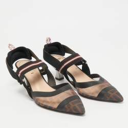 Fendi Brown/Black Fabric and Zucca Mesh Colibri Slingback Pumps Size 39
