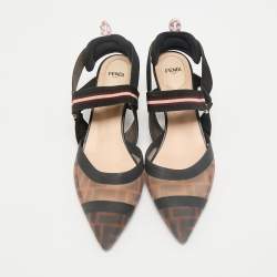Fendi Brown/Black Fabric and Zucca Mesh Colibri Slingback Pumps Size 39