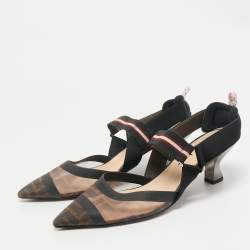 Fendi Brown/Black Fabric and Zucca Mesh Colibri Slingback Pumps Size 39