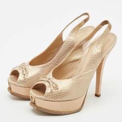 Fendi Beige Python Leather Fendista Peep Toe Platform Slingback Pumps Size 39