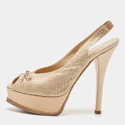 Fendi Beige Python Leather Fendista Peep Toe Platform Slingback Pumps Size 39