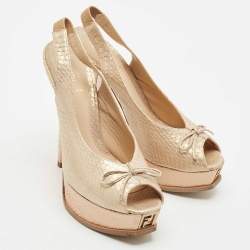 Fendi Beige Python Leather Fendista Peep Toe Platform Slingback Pumps Size 39