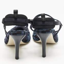 Fendi Navy Blue/Black Zucca Velvet Colibri Pointed Toe Slingback Pumps Size 38.5