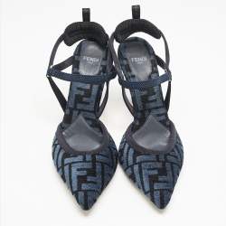 Fendi Navy Blue/Black Zucca Velvet Colibri Pointed Toe Slingback Pumps Size 38.5