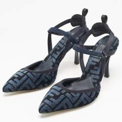 Fendi Navy Blue/Black Zucca Velvet Colibri Pointed Toe Slingback Pumps Size 38.5