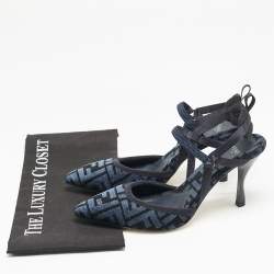 Fendi Navy Blue/Black Zucca Velvet Colibri Pointed Toe Slingback Pumps Size 38.5