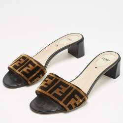 Fendi Black/Brown Zucca Velvet Slide Sandals Size 39