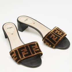 Fendi Black/Brown Zucca Velvet Slide Sandals Size 39