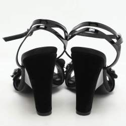 Fendi Black Patent Leather and Velvet Flowerland Ankle Strap Sandals Size 38.5