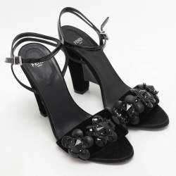 Fendi Black Patent Leather and Velvet Flowerland Ankle Strap Sandals Size 38.5