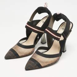 Fendi Brown/Black Zucca Mesh and Fabric Colibri Slingback Pumps Size 39