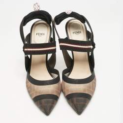 Fendi Brown/Black Zucca Mesh and Fabric Colibri Slingback Pumps Size 39