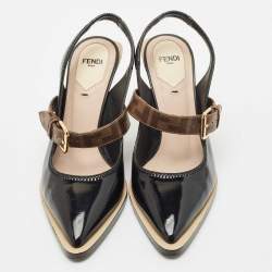 Fendi Black Patent Leather fframe Slingback  Pumps Size 37