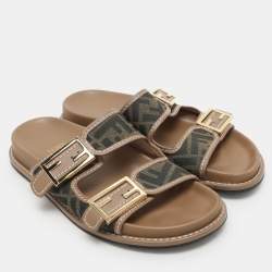 Fendi Brown/Beige Zucca Canvas and Leather FF Buckle Flat Slides Size 37