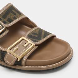 Fendi Brown/Beige Zucca Canvas and Leather FF Buckle Flat Slides Size 37