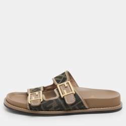 Fendi Brown/Beige Zucca Canvas and Leather FF Buckle Flat Slides Size 37