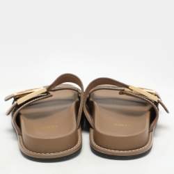 Fendi Brown/Beige Zucca Canvas and Leather FF Buckle Flat Slides Size 37
