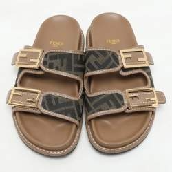 Fendi Brown/Beige Zucca Canvas and Leather FF Buckle Flat Slides Size 37