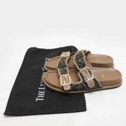 Fendi Brown/Beige Zucca Canvas and Leather FF Buckle Flat Slides Size 37