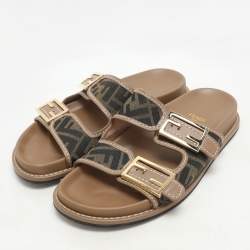 Fendi Brown/Beige Zucca Canvas and Leather FF Buckle Flat Slides Size 37
