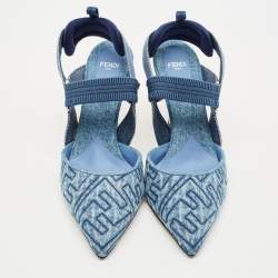 Fendi Navy Blue Zucca Denim Colibri Slingback Pumps Size 39.5