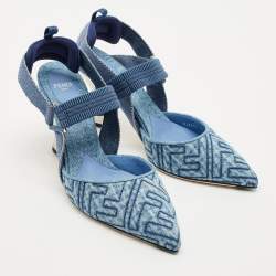 Fendi Navy Blue Zucca Denim Colibri Slingback Pumps Size 39.5