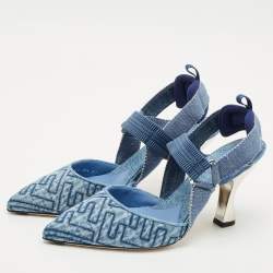 Fendi Navy Blue Zucca Denim Colibri Slingback Pumps Size 39.5
