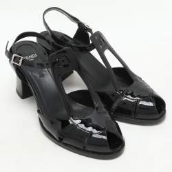 Fendi Black Patent Leather Chameleon Ankle Strap Sandals Size 36