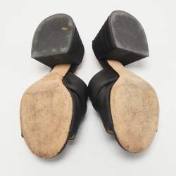 Fendi Black Satin FF Buckle Block Heel Slide Sandals Size 37.5