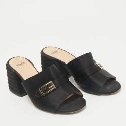 Fendi Black Satin FF Buckle Block Heel Slide Sandals Size 37.5