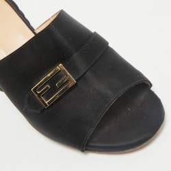 Fendi Black Satin FF Buckle Block Heel Slide Sandals Size 37.5